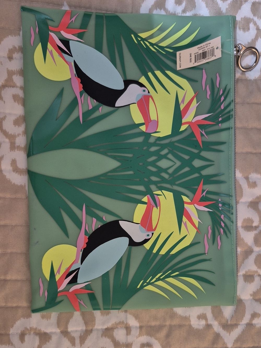 Old Navy Green Tropical Toucan Zip Pouch with Bright Accents